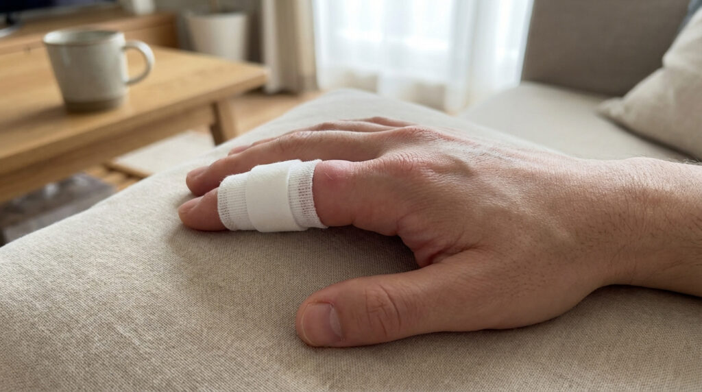 Main posée sur un tissu clair, avec un doigt bandé et visiblement gonflé. En arrière-plan flou, une tasse et une fenêtre.