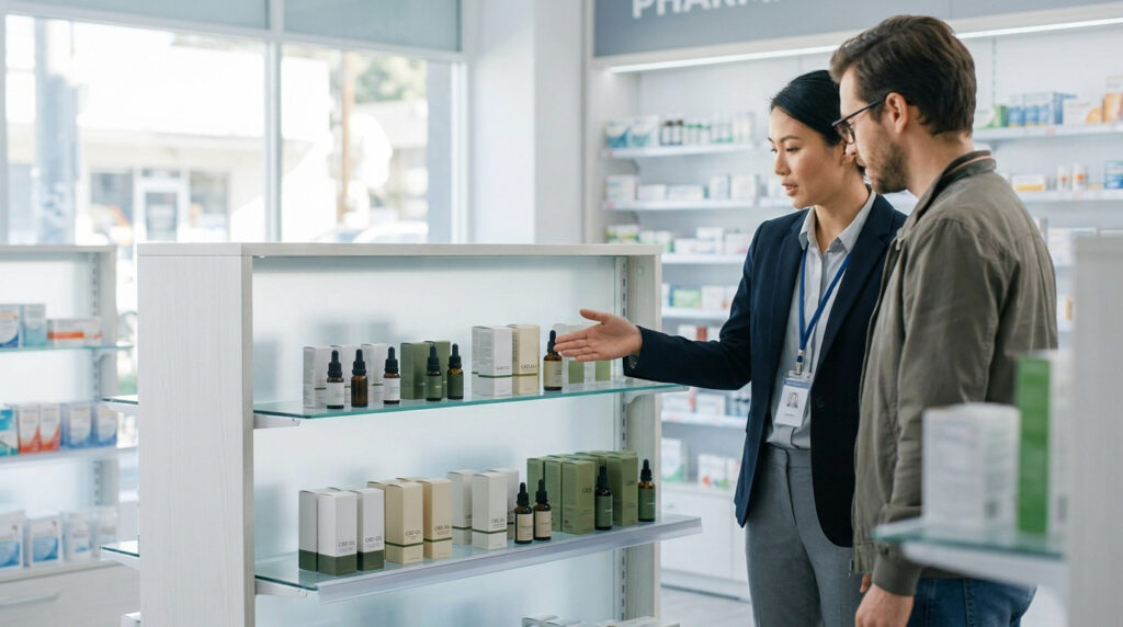 Pharmacienne expliquant des produits à base d'huile de CBD à un client homme dans une pharmacie moderne et lumineuse.