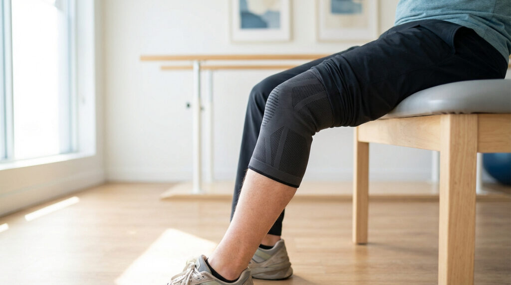 Personne assise avec une attelle de genou grise sur la jambe. Ambiance lumineuse de rééducation, suggérant un soutien post-fracture.