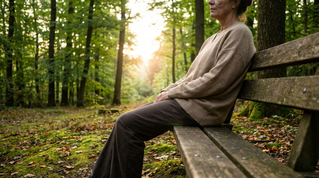 Femme d'âge mûr, vêtue d'un pull beige, se repose sur un banc en bois au milieu d'une forêt baignée de soleil. Scène paisible.