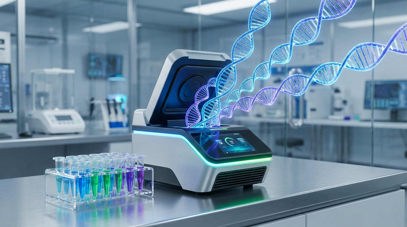Appareil de laboratoire avec hélices d'ADN lumineuses sortant, symbolisant la PCR, et des tubes à essai colorés sur une paillasse.