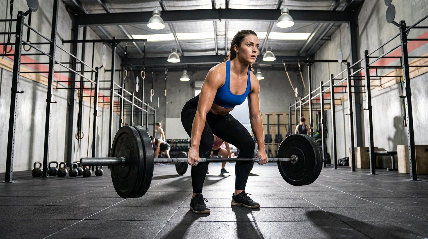 Femme musclée soulevant une barre en CrossFit. Contexte d'entraînement intense pour la perte de poids.