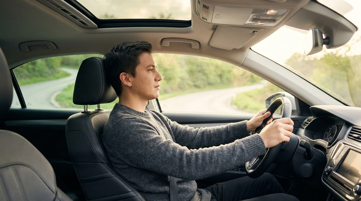 Un jeune homme conduit une voiture en gardant le dos bien droit et appuyé contre le siège.