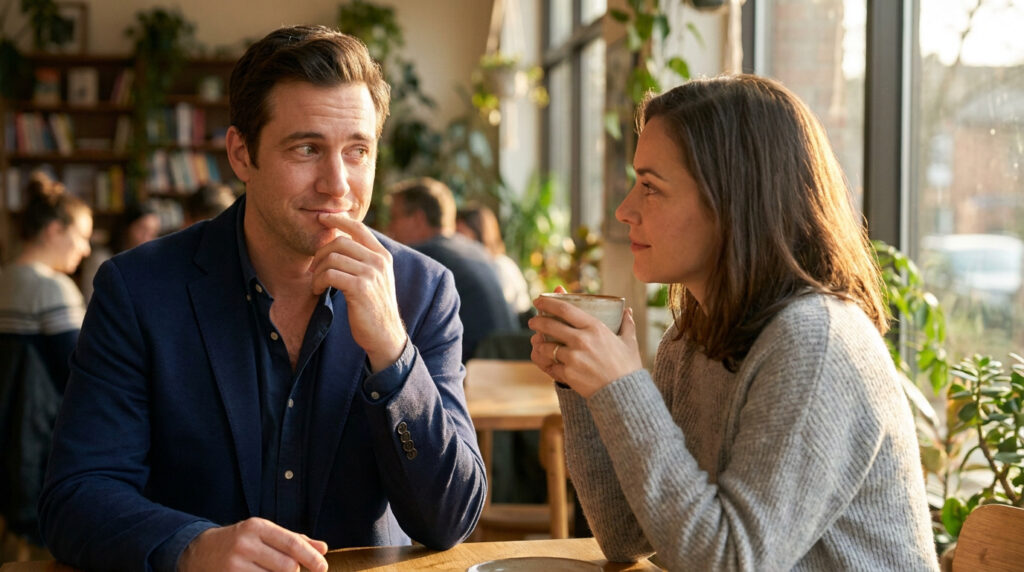 Un homme avec un doigt sur les lèvres regarde de côté, une femme le fixe, tasse à la main, dans un café chaleureux.