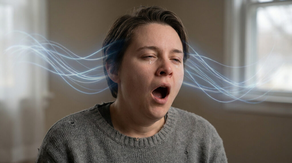 Gros plan sur une personne bâillant intensément, les yeux larmoyants, avec des ondes lumineuses bleues émanant de sa tête.