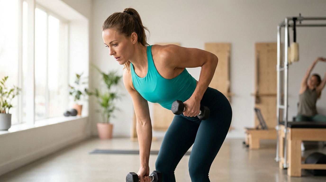 Une femme fait des tirages haltères pour le dos dans une salle de sport lumineuse. Une autre femme s'étire en arrière-plan.