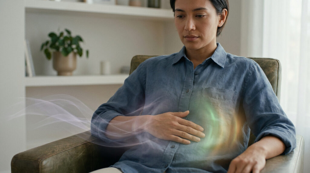 Femme assise, main sur l'abdomen. Une aura lumineuse verte et orange apparaît autour de son foie, symbolisant l'impact du stress.