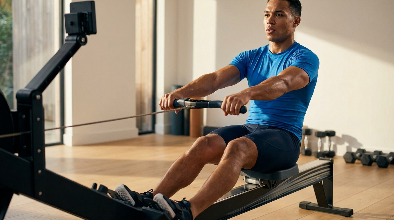 Un homme concentré et transpirant en t-shirt bleu s'entraîne intensément sur un rameur dans une salle de sport moderne.