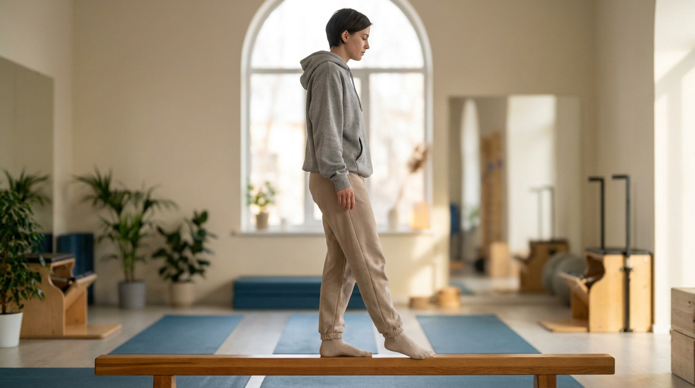 Femme concentrée sur une poutre d'équilibre dans un centre de psychomotricité. Elle travaille sa coordination et sa posture.