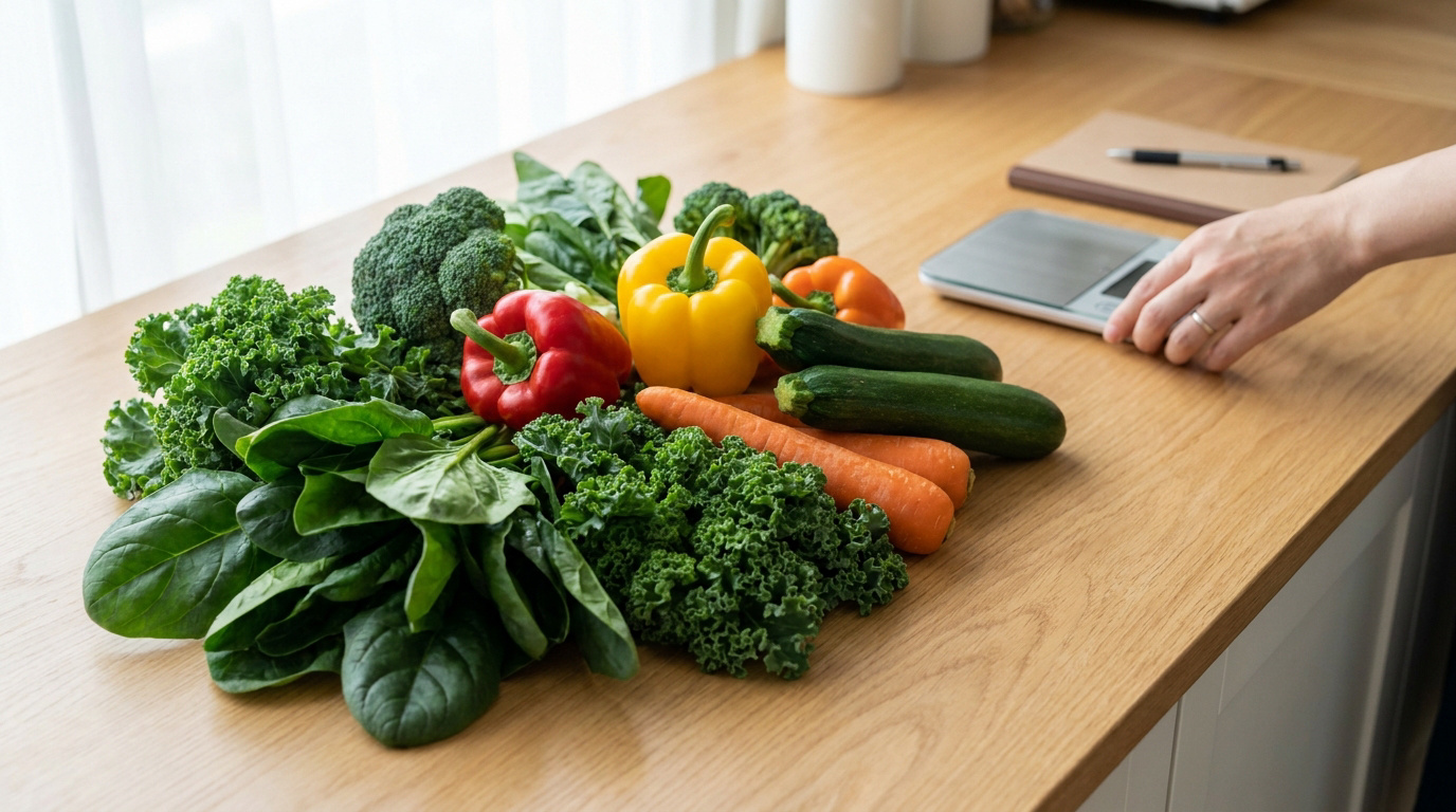 Légumes frais (brocoli, épinards, chou frisé, poivrons, courgettes, carottes) sur table. Une main ajuste une balance de cuisine.