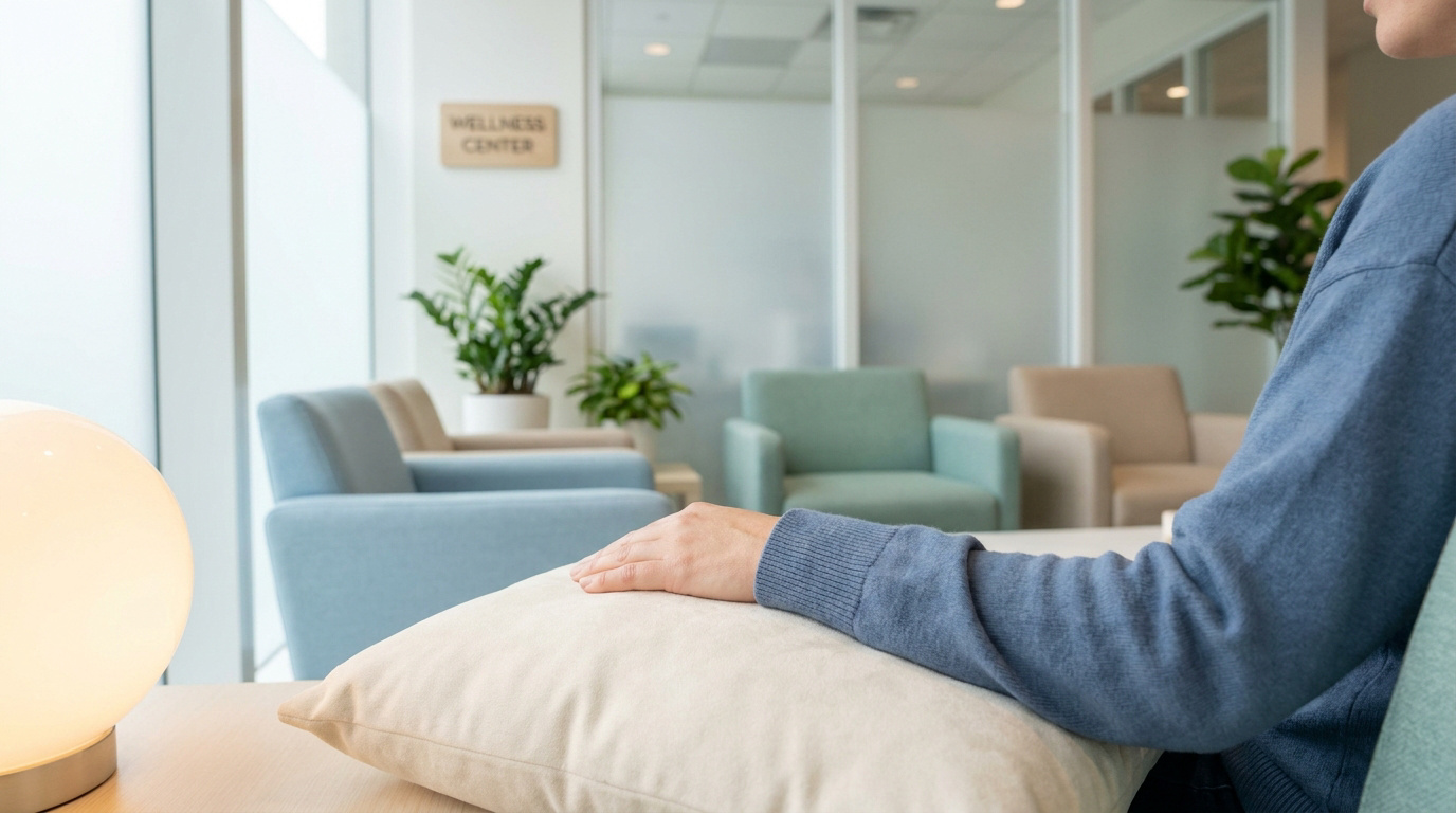 Bras d'une personne au chandail bleu reposant sur un coussin dans une salle d'attente moderne avec fauteuils et plantes, panneau "Wellness Center".