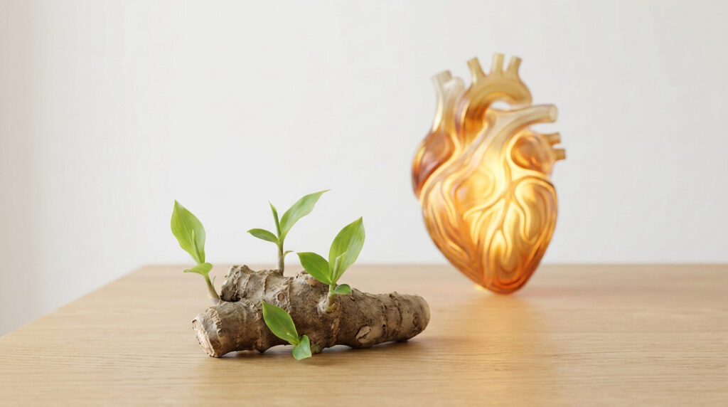 Racine avec pousses vertes sur table en bois, cœur anatomique doré lumineux flou en arrière-plan. Symbole de remède naturel et de santé cardiaque.