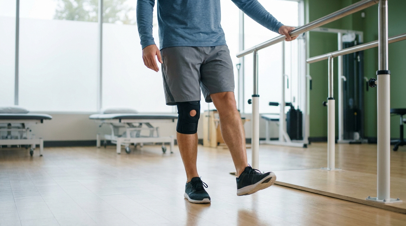Homme avec attelle de genou en rééducation post-LCA. Il tient des barres parallèles et fait un exercice d'équilibre en salle de kiné.