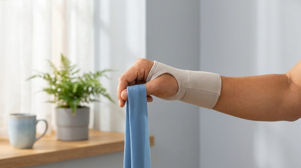 Gros plan sur un bras portant une attelle de poignet beige, tenant une bande de résistance bleue. Rééducation du scaphoïde.