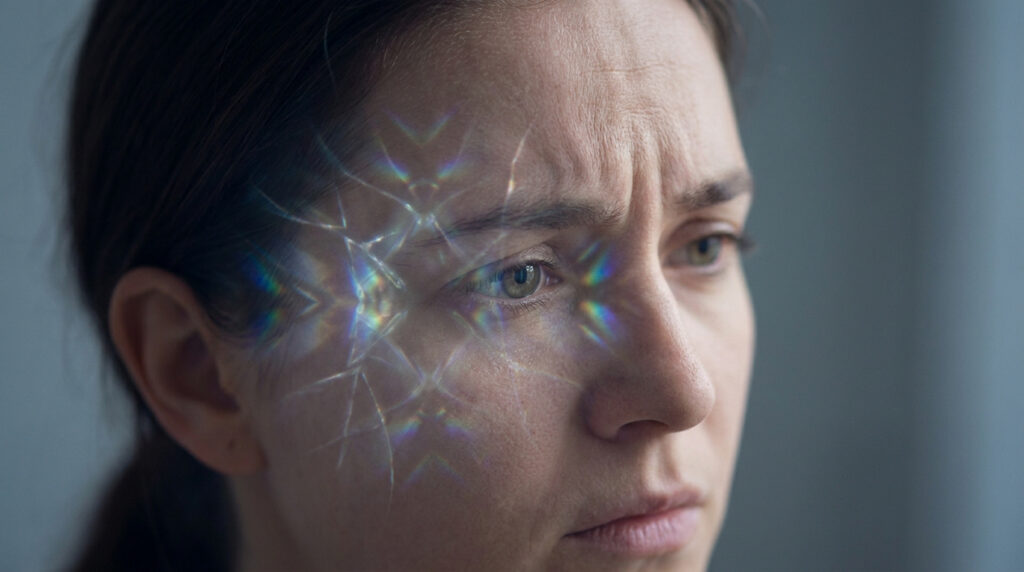 Visage d'une femme affichant des reflets lumineux kaléidoscopiques et colorés autour de son œil, suggérant une perturbation visuelle.