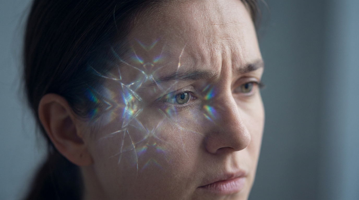 Visage d'une femme affichant des reflets lumineux kaléidoscopiques et colorés autour de son œil, suggérant une perturbation visuelle.