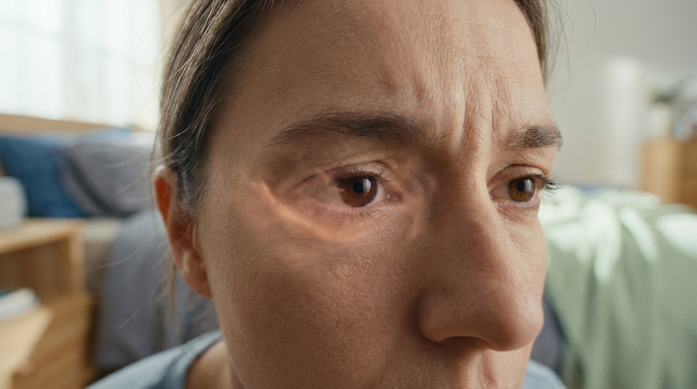 Gros plan sur le visage d'une femme. Son œil gauche est mis en évidence par une lueur indiquant une inflammation.