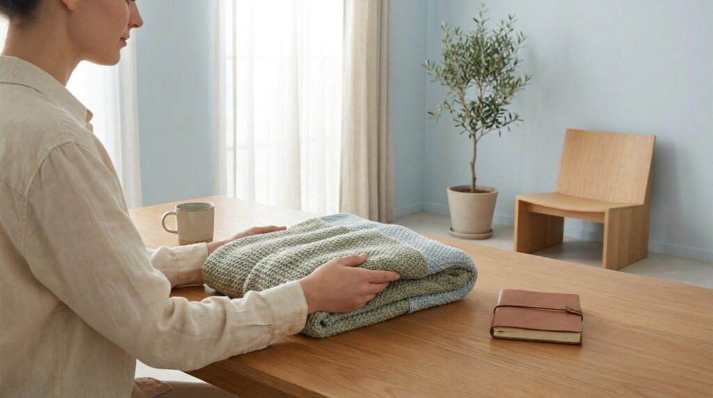 Femme pliant une couverture douce sur une table en bois. Intérieur lumineux et serein avec plante, mug et carnet.
