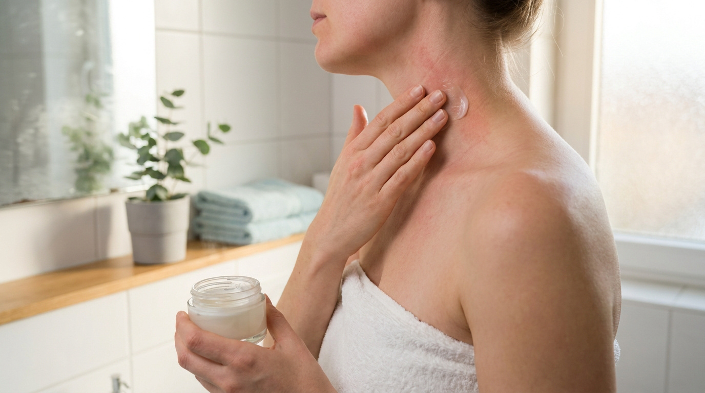 Femme en serviette appliquant une crème sur son cou et décolleté rouges après la douche, dans une salle de bain lumineuse.