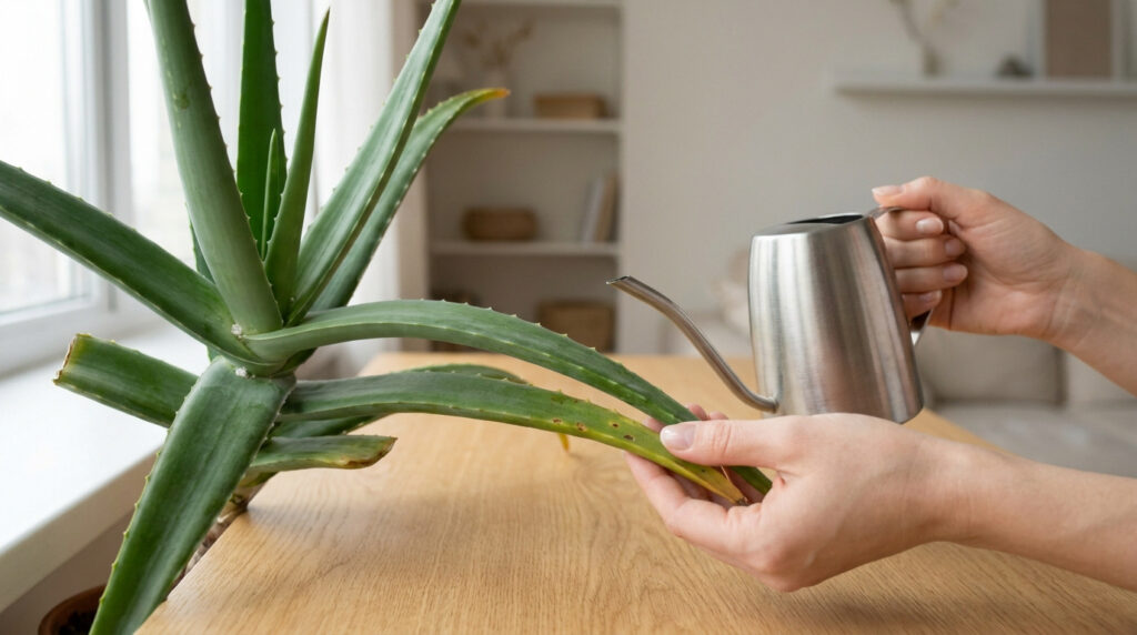 Une personne examine une feuille d'aloe vera jaunie et tachée, tenant un petit arrosoir argenté.