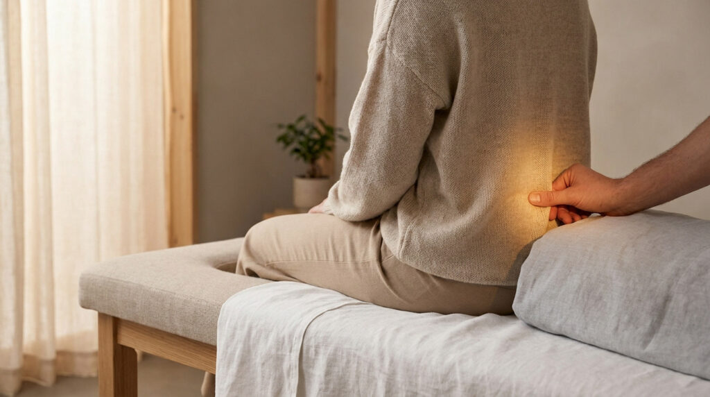 Une main applique une pression sur le bas du dos d'une personne assise sur une table de massage. Une lueur chaude souligne la zone traitée.