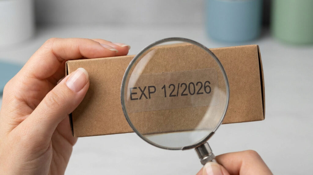 Gros plan sur une main tenant une loupe grossissant la date "EXP 12/2026" sur une boîte en carton marron, sur fond flou.
