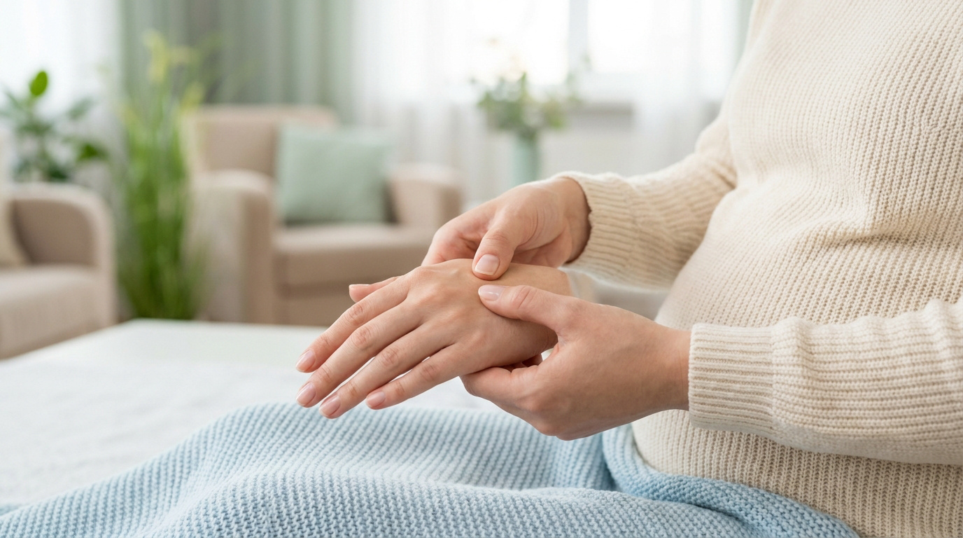 Femme enceinte pratiquant l'acupression sur sa main pour stimuler le travail.
