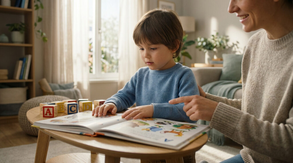 Un enfant lit un livre illustré avec l'aide d'un adulte dans un salon lumineux, avec des cubes de lettres sur la table.