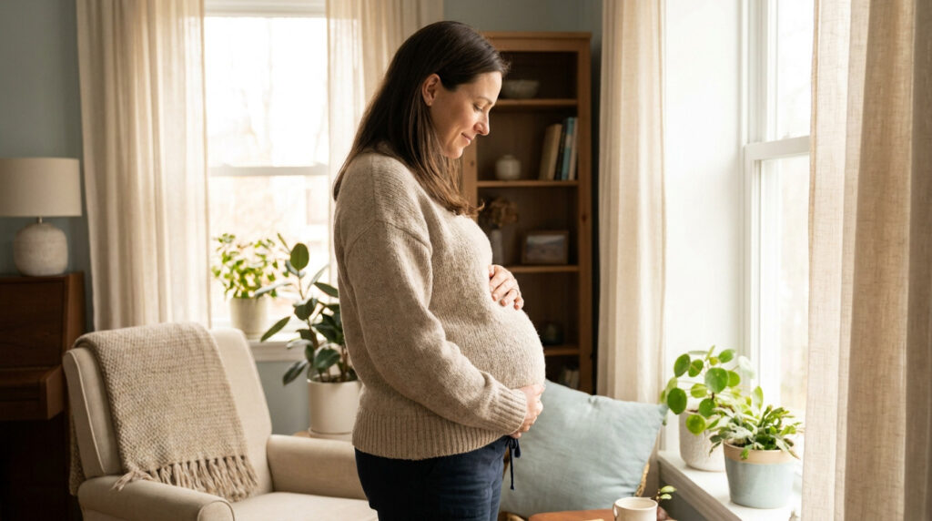 Femme enceinte souriante regardant son ventre près d'une fenêtre dans un salon chaleureux.