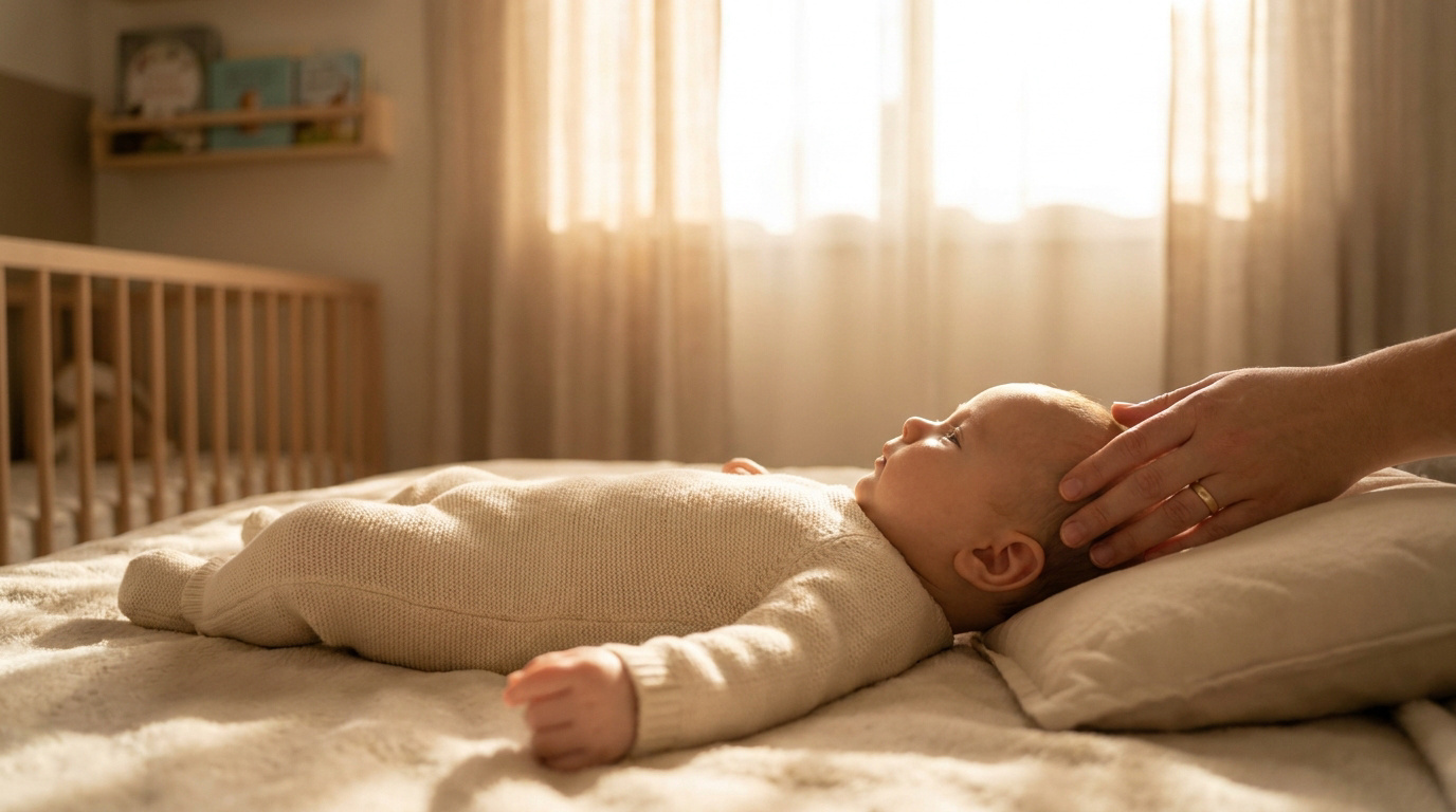 Une main d'adulte touche doucement la tête d'un bébé allongé sur un lit dans une chambre baignée de lumière.