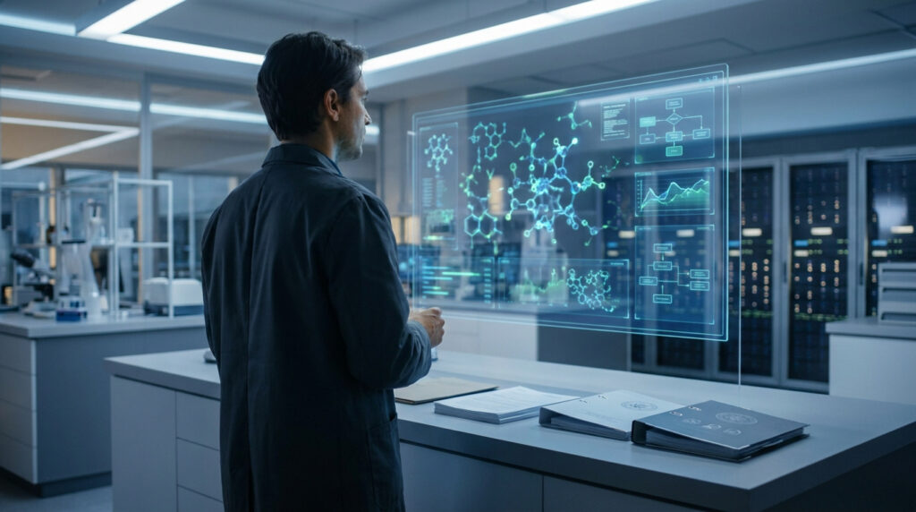 Un chercheur examine une interface numérique holographique affichant des structures moléculaires complexes en laboratoire.