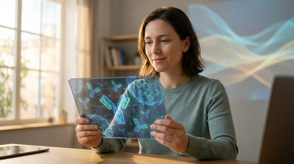 Une femme examine des résultats d'analyse médicale sur une tablette holographique affichant des structures d'anticorps.