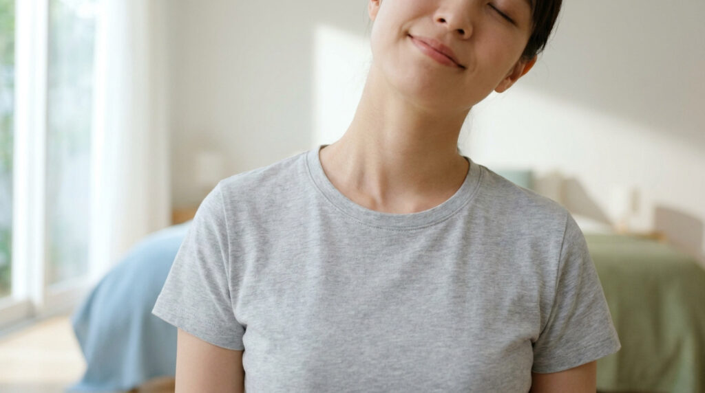 Une jeune femme détendue pratique un exercice d'étirement doux pour le cou dans une chambre lumineuse.