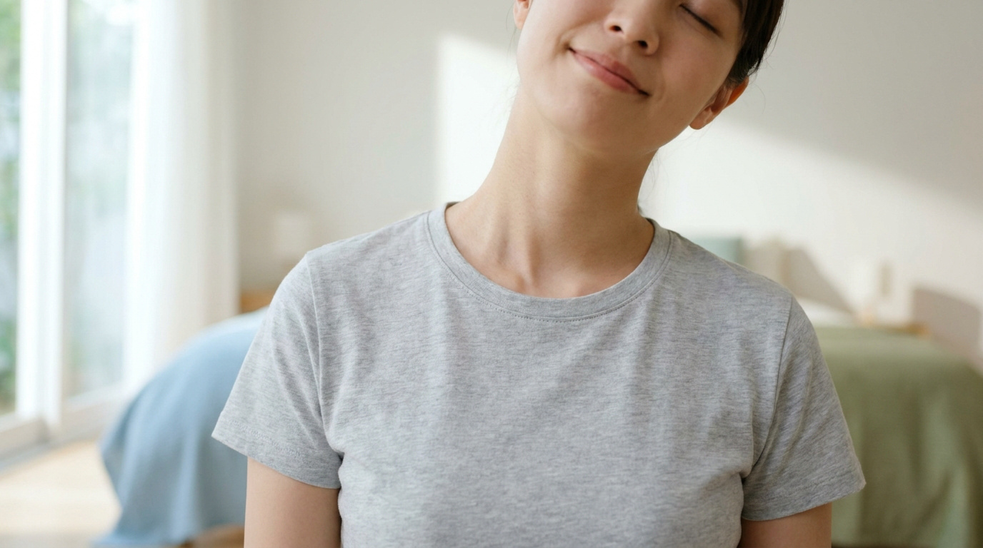 Une jeune femme détendue pratique un exercice d'étirement doux pour le cou dans une chambre lumineuse.