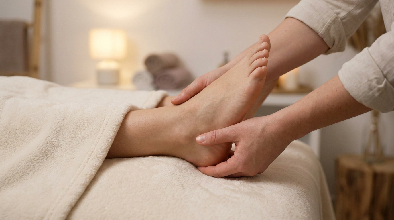 Un réflexologue pratique un massage plantaire sur le pied d'un client dans un cabinet de bien-être relaxant.