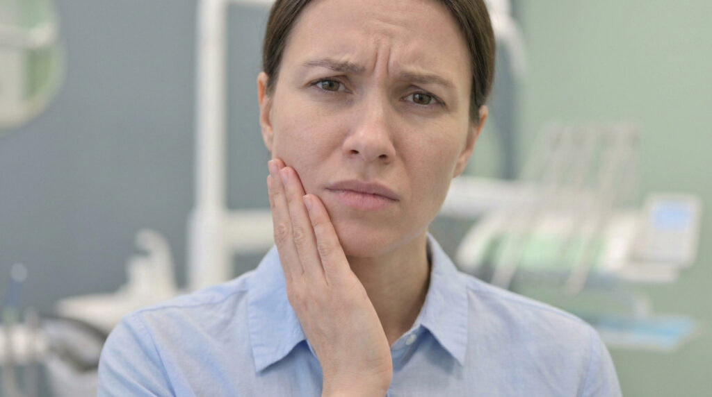 Une femme inquiète se tient la joue, exprimant une douleur dentaire intense dans un cabinet dentaire.