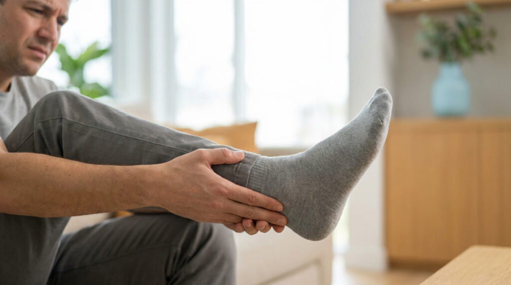 Homme tenant sa cheville avec une expression de douleur, portant des chaussettes grises dans un salon.