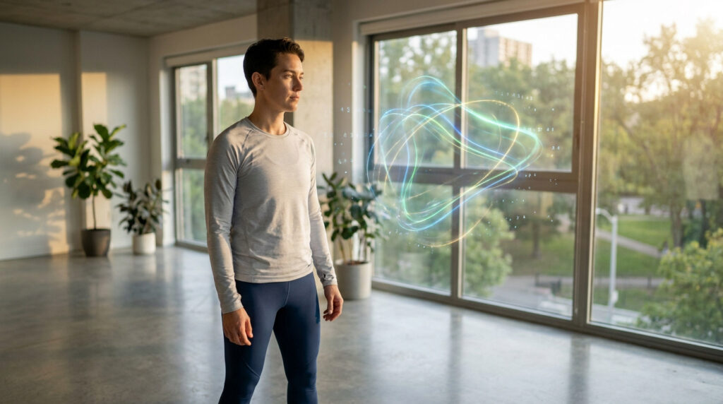 Une personne en tenue de sport observe une interface holographique lumineuse dans une pièce moderne et lumineuse.