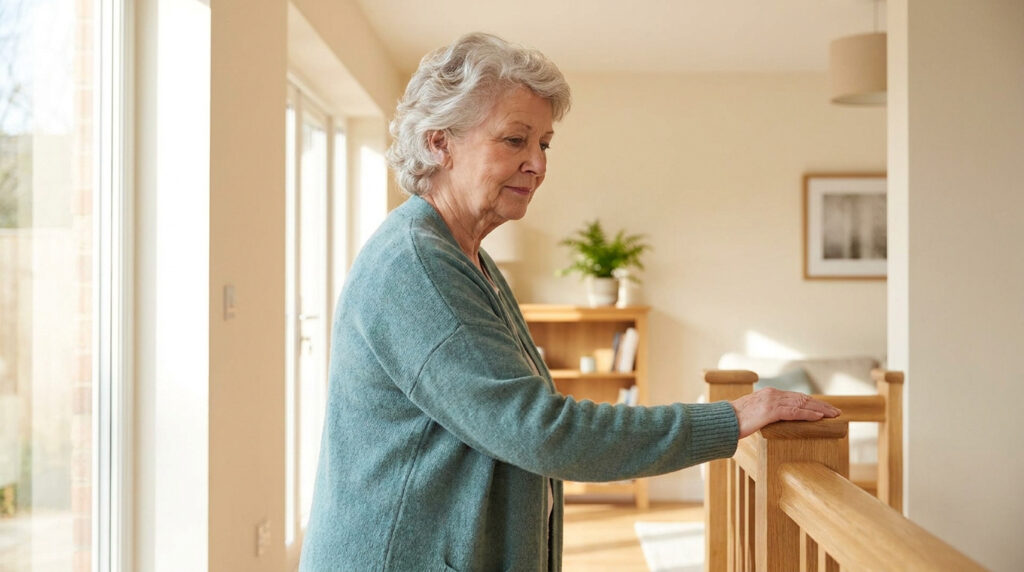Une femme âgée aux cheveux gris s'appuie sur une rampe en bois dans un intérieur lumineux.