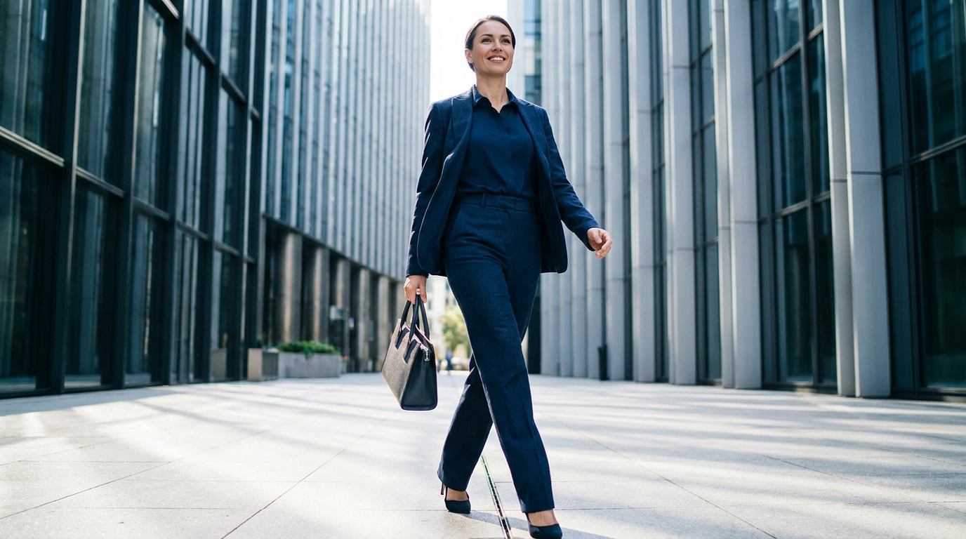 Une femme d'affaires en costume bleu marchant avec assurance entre des gratte-ciels modernes.