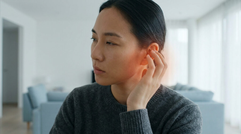 Une femme touchant son oreille droite qui semble briller d'un éclat rouge, symbolisant une sensation de chaleur.