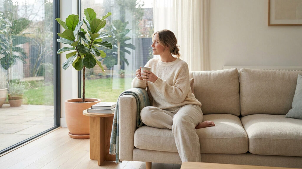 Une femme se repose sur un canapé clair près d'une baie vitrée en tenant une tasse de thé.