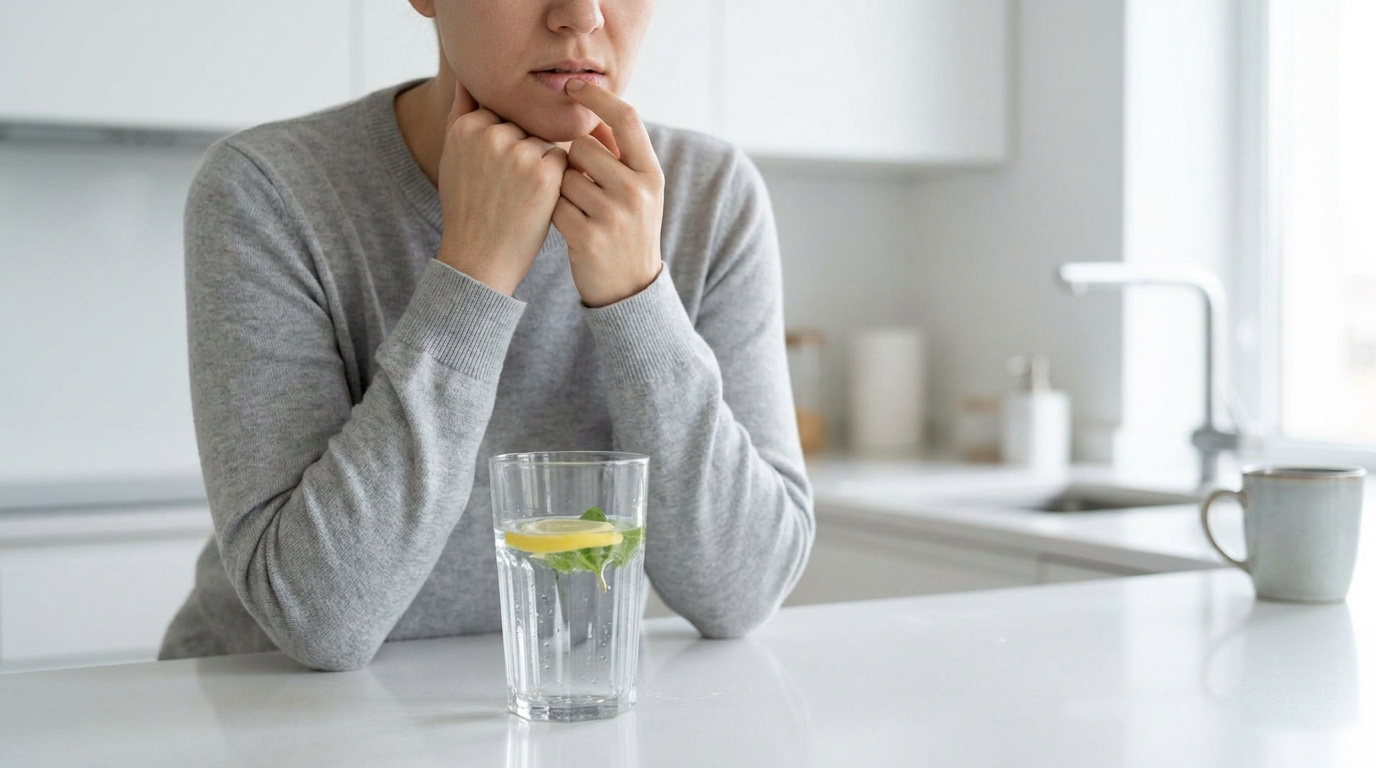 Une femme préoccupée touchant ses lèvres avec un verre d'eau citronnée devant elle dans une cuisine lumineuse.