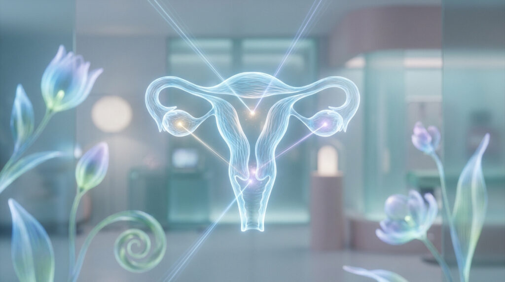 Représentation holographique 3D d'un utérus humain entouré de fleurs éthérées dans un environnement clinique.