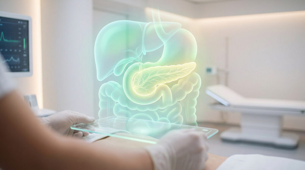 Représentation 3D holographique du système digestif mettant en évidence le pancréas lors d'un examen médical.