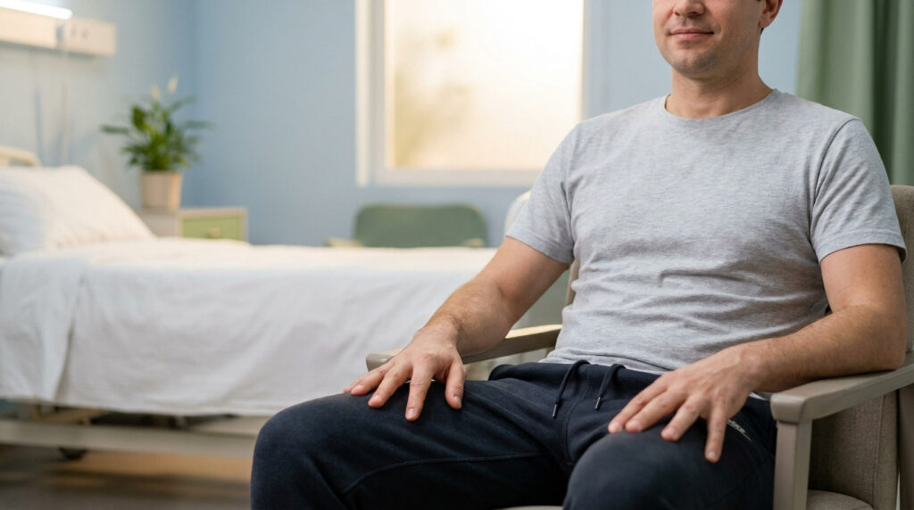 Un homme souriant assis sur un fauteuil dans une chambre d'hôpital moderne.
