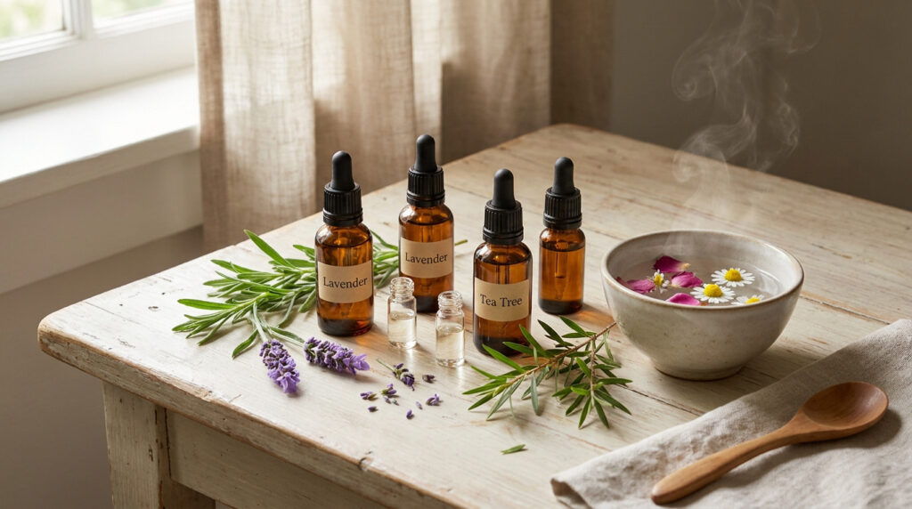 Flacons d'huiles essentielles de lavande et tea tree avec un bol d'eau chaude et des fleurs sur une table en bois.