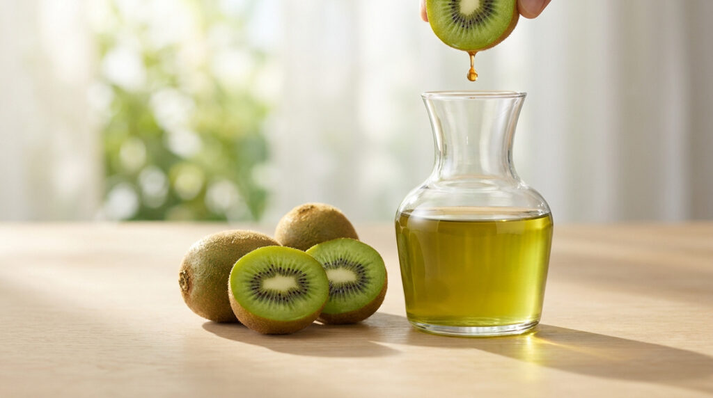 Une main presse un kiwi au-dessus d'une carafe en verre contenant du jus de kiwi, avec des kiwis frais sur la table.