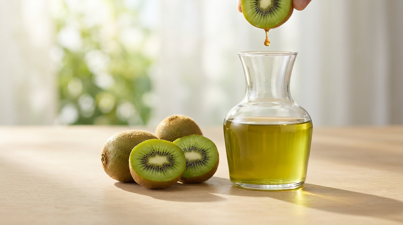 Une main presse un kiwi au-dessus d'une carafe en verre contenant du jus de kiwi, avec des kiwis frais sur la table.