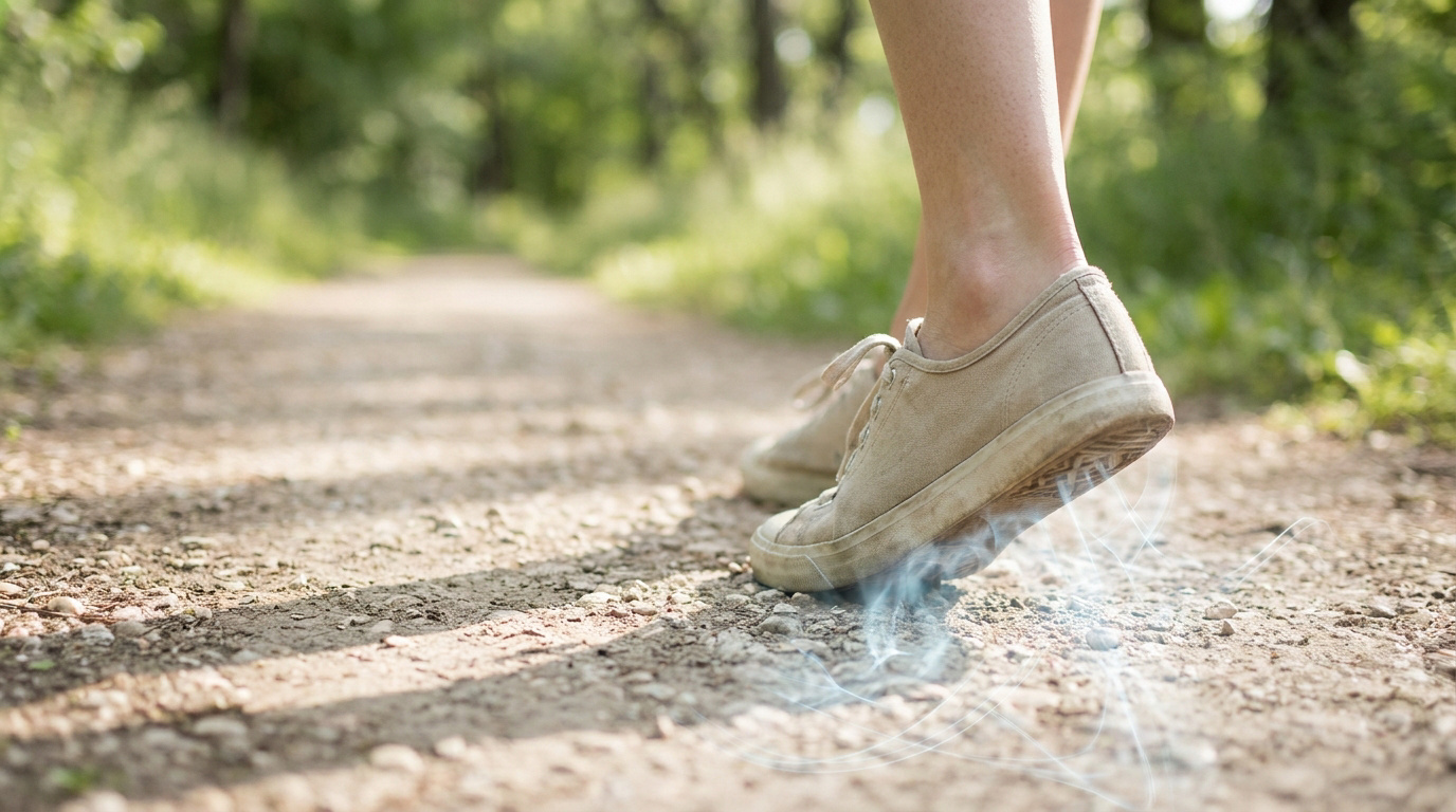 Pied d'une personne en basket beige marchant sur un sentier, avec un effet visuel de fumée ou d'énergie sous la semelle.